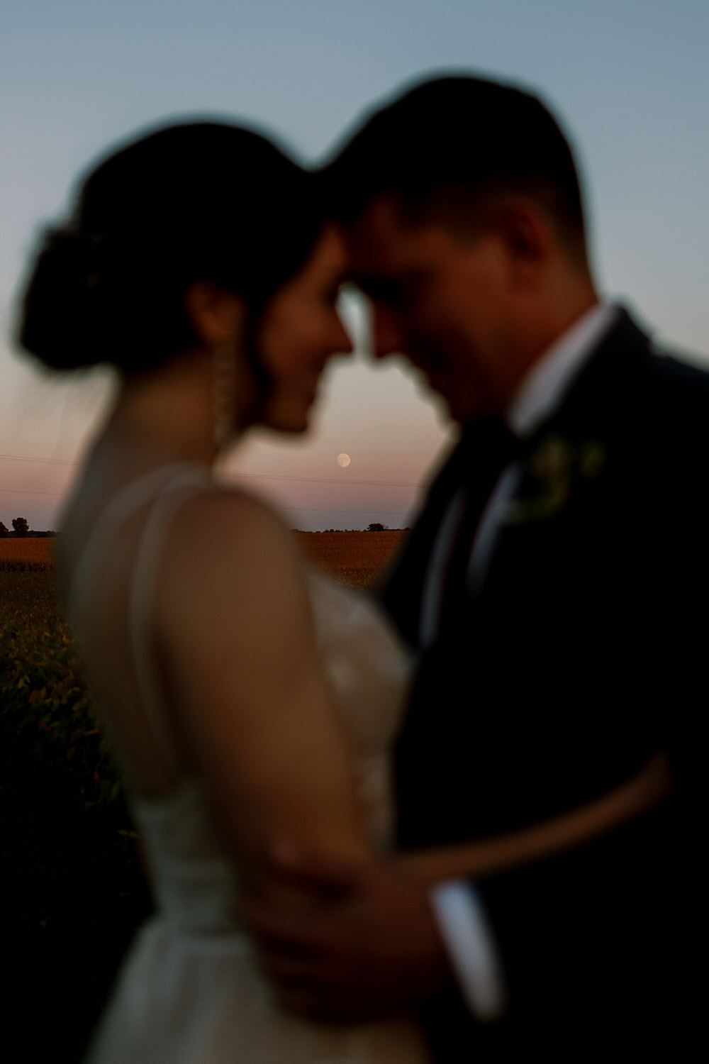 bride and groom stand in front of soybean fields in wisconsin and moon shines between their heads