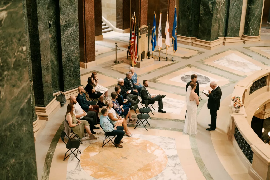 wedding ceremony at the madison capitol as captured from above