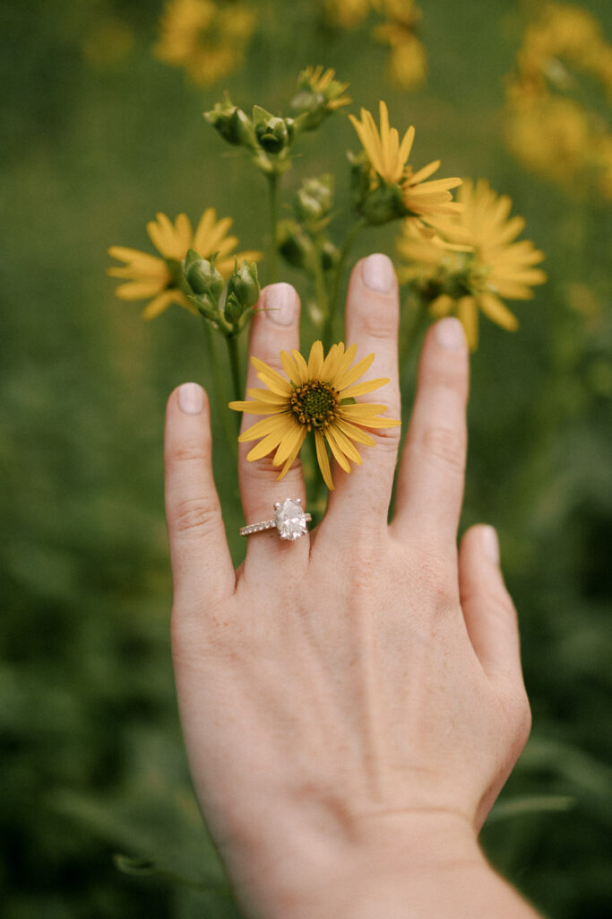 bride shows off her ring at her elopement at devil's lake state park